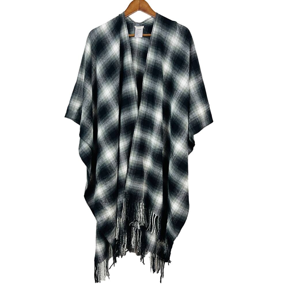 Ecote Poncho Shawl Wrap Knit Cape Plaid Soft Fringe